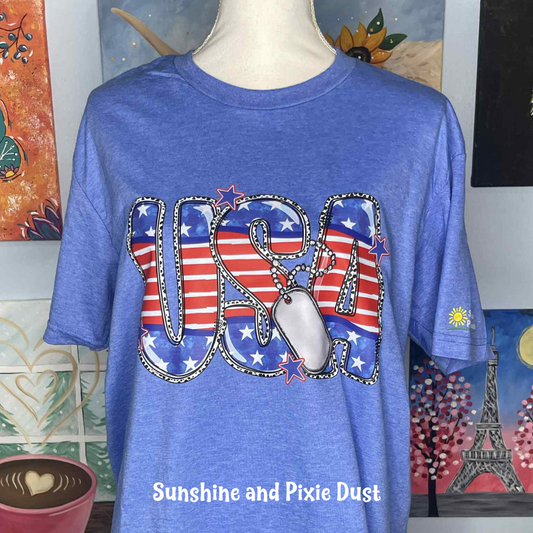 USA with Dog Tag Heather Royal T-Shirt, Soft Style, Unisex Fit