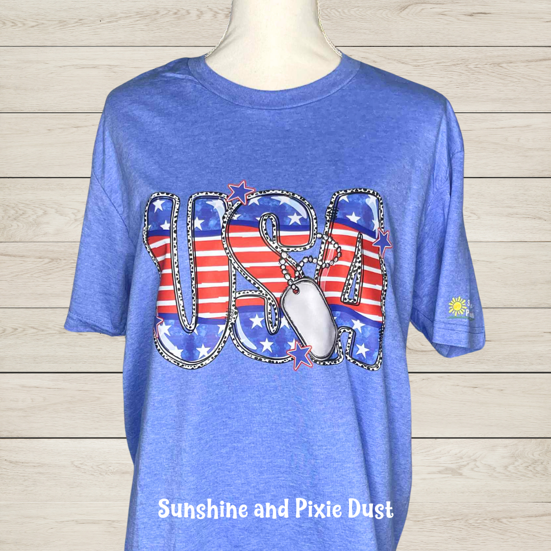 USA with Dog Tag Heather Royal T-Shirt, Soft Style, Unisex Fit