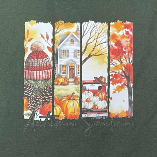 Autumn Season T-Shirt – Cozy Fall Scene Shirt with Pumpkins and Truck, Autumn Aesthetic Tee for Women, Handmade Country Farmhouse Gift