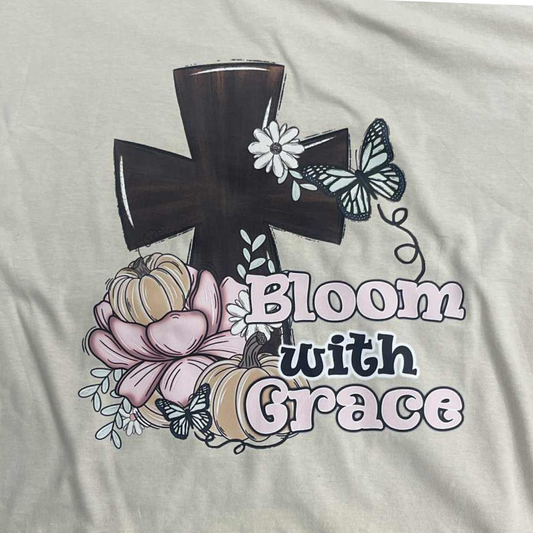 Bloom with Grace T-Shirt – Inspirational Christian Shirt with Cross and Flowers, Faith and Floral Graphic Tee, Handmade Encouragement Gift for Women