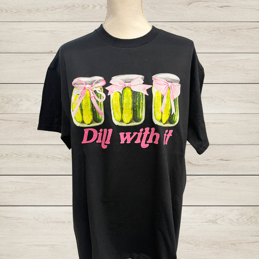 Dill With It Pickle Shirt – Funny Pun Graphic Tee – Cute Pickle Lover Gift – Humor Foodie T-Shirt – Dill Pickles Jar Shirt with Pink Bows