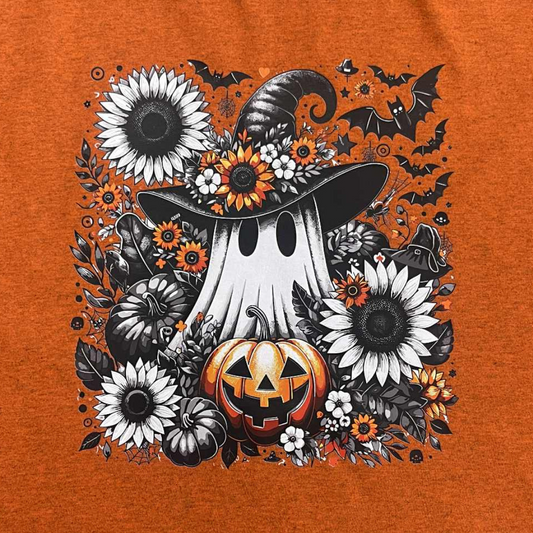 Ghost Witch Pumpkin Florals T-Shirt - Halloween Witch Hat Pumpkin with Sunflowers & Bats, Cute Spooky Season Fall Graphic Tee