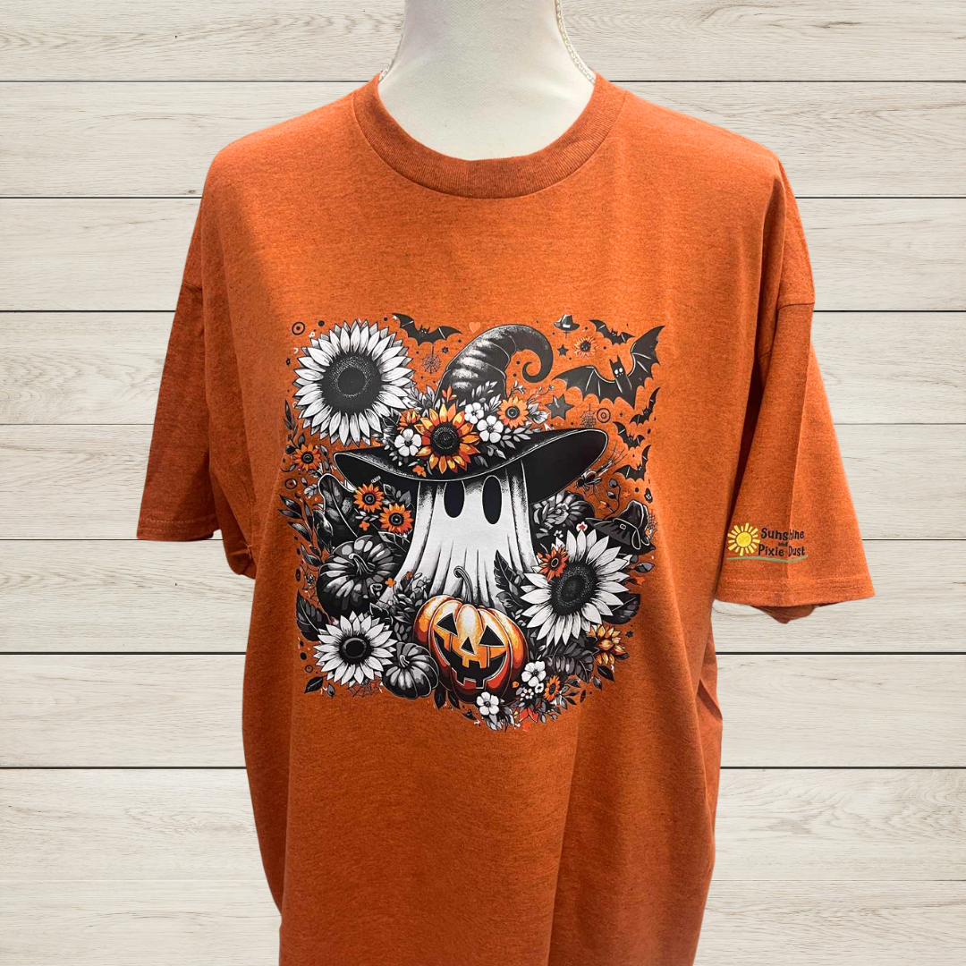 Ghost Witch Pumpkin Florals T-Shirt - Halloween Witch Hat Pumpkin with Sunflowers & Bats, Cute Spooky Season Fall Graphic Tee