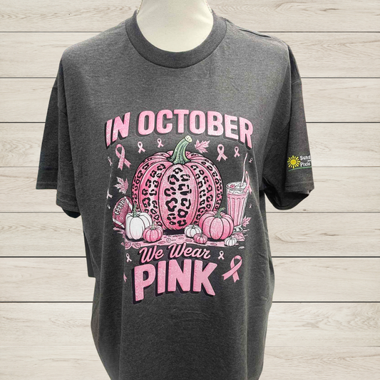 In October We Wear Pink Pumpkin Shirt – Breast Cancer Awareness Leopard Pumpkin Tee, Fall Halloween Pink Ribbon Top