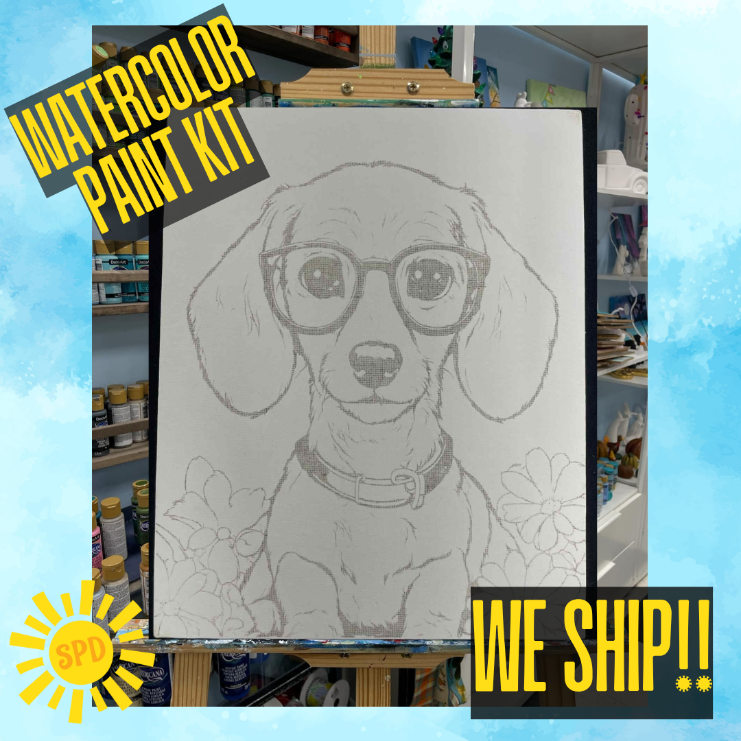 Glasses Doxie Watercolor Paint Kit - DIY Art Set All Ages, Traced Canvas, Paint & Brush, Quality Craft Project Gift