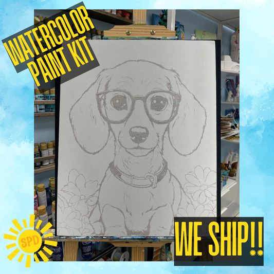 Glasses Doxie Watercolor Paint Kit - DIY Art Set All Ages, Traced Canvas, Paint & Brush, Quality Craft Project Gift