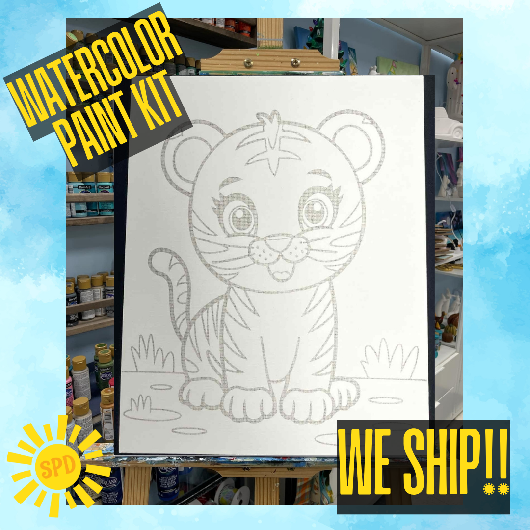 Lil Tiger Watercolor Paint Kit - DIY Art Set All Ages, Traced Canvas, Paint & Brush, Quality Craft Project Gift