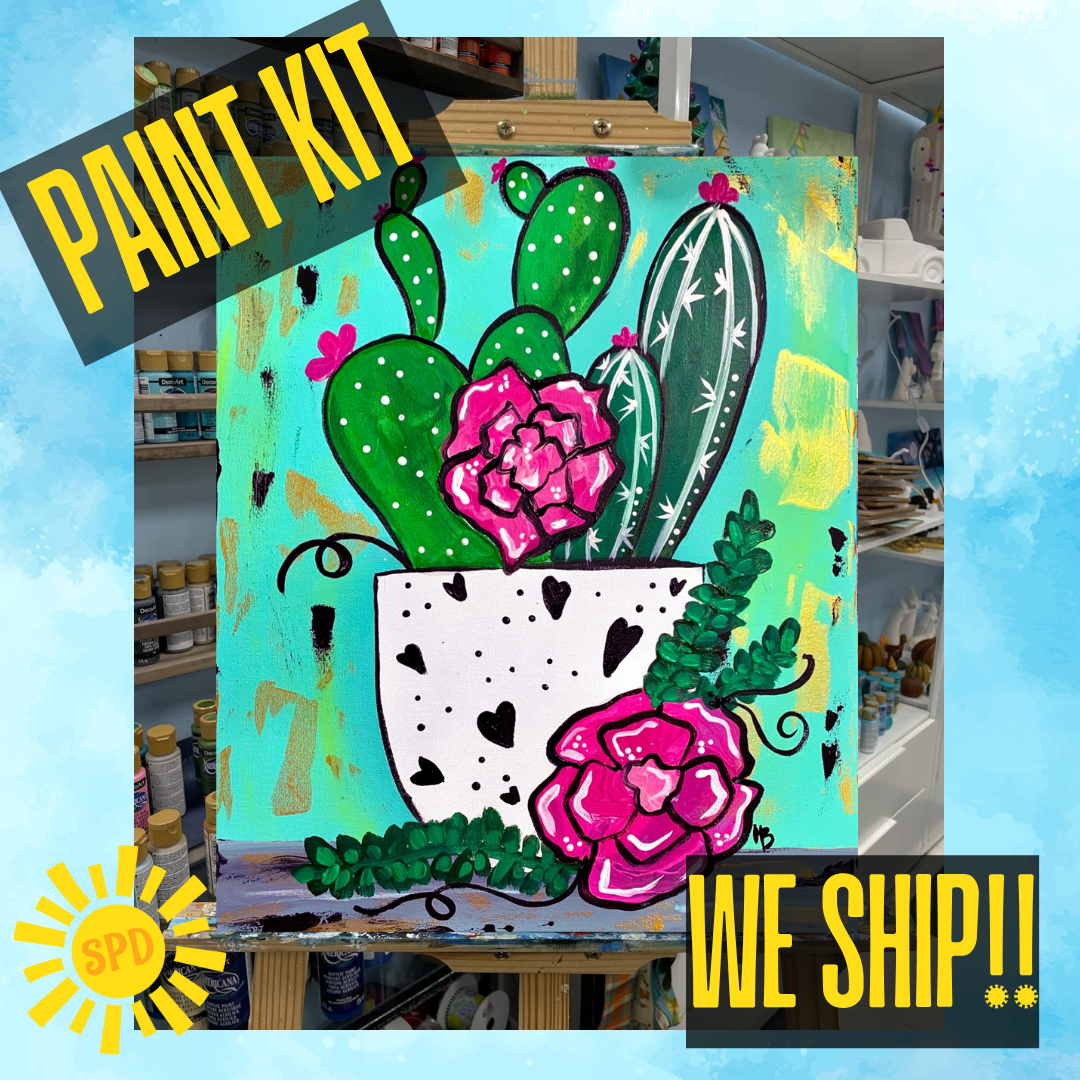 Spring Cactus Paint Kit – Pre-Drawn Canvas | DIY Paint Kit for All Ages | Easy At-Home Activity | Art Gift