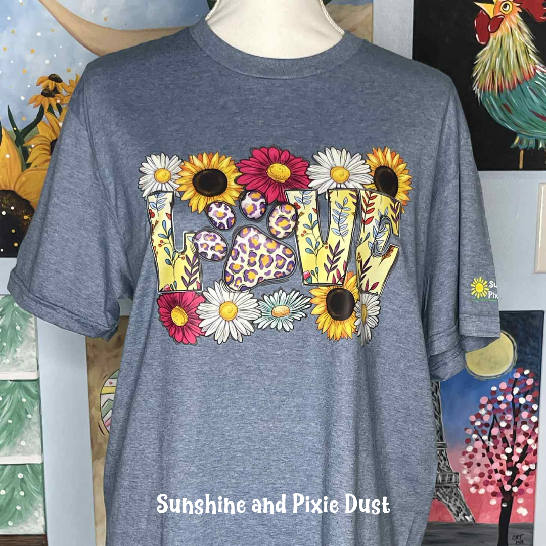 LOVE with Paw and Flowers Heather Blue T-Shirt, Soft Style, Unisex Fit