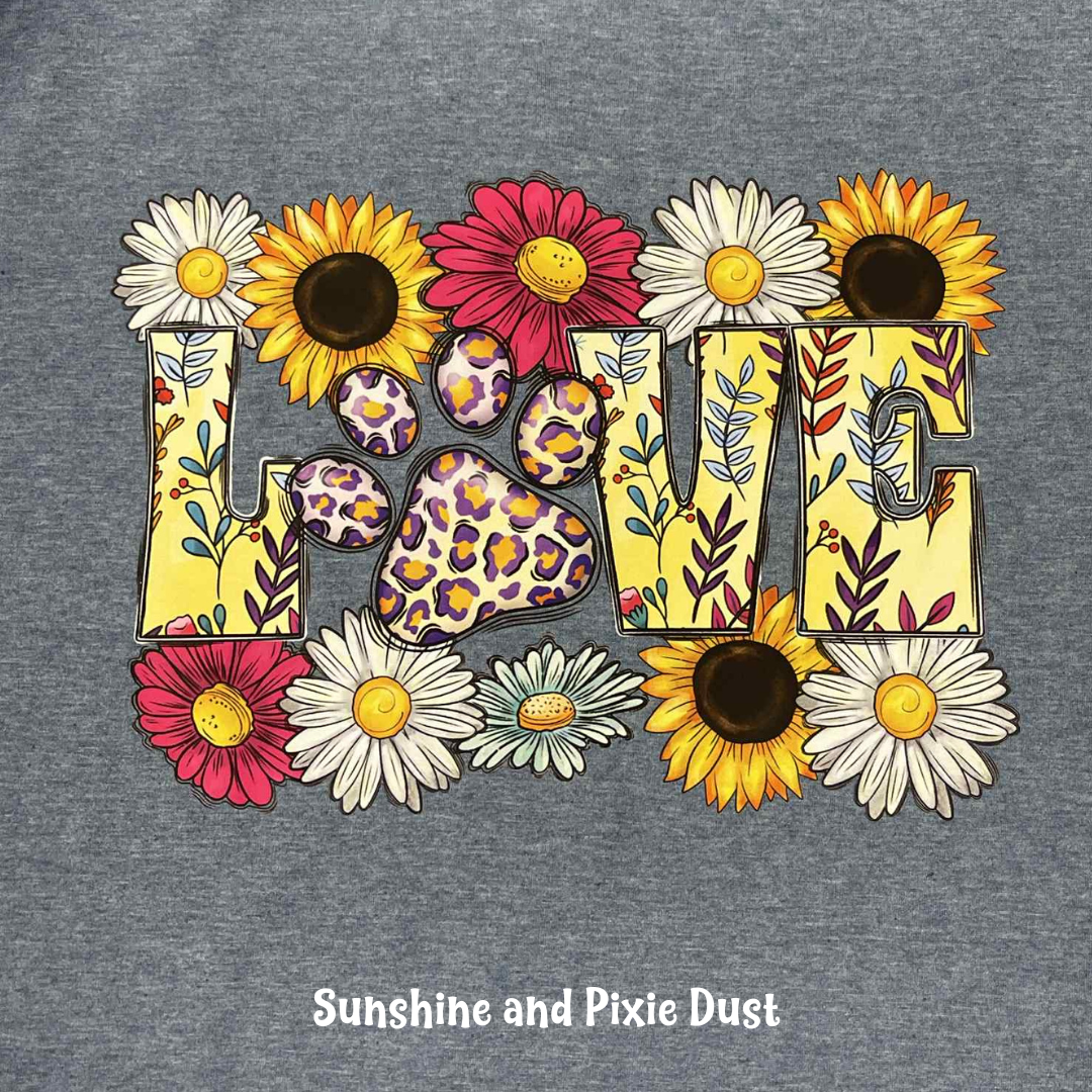 LOVE with Paw and Flowers Heather Blue T-Shirt, Soft Style, Unisex Fit