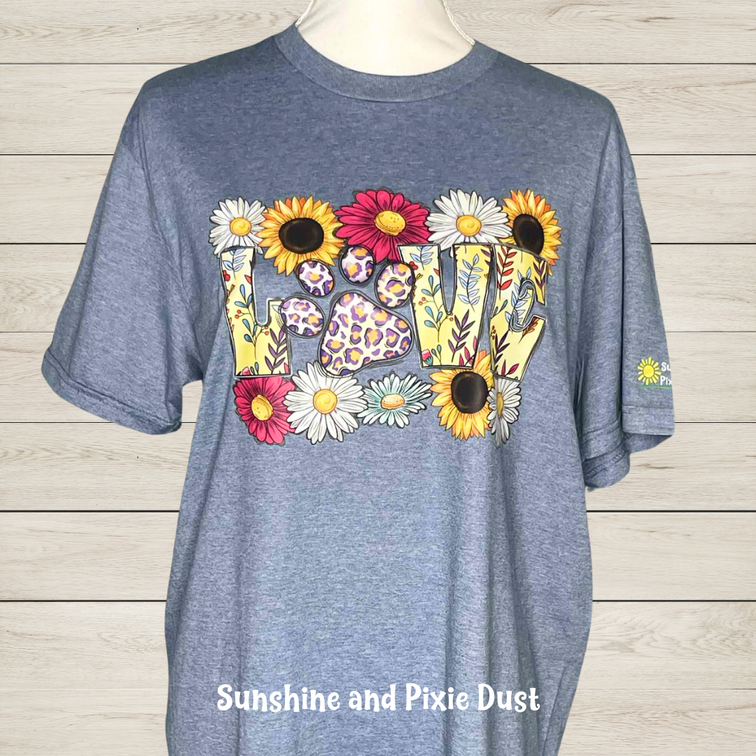 LOVE with Paw and Flowers Heather Blue T-Shirt, Soft Style, Unisex Fit