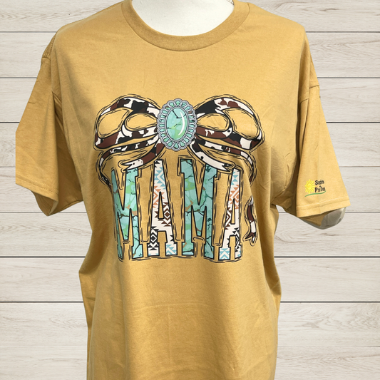 Mama Western Graphic Tee for Moms – Cowprint Bow Turquoise Concho Shirt – Cute Aztec Print Mama T-Shirt – Country Western Mom Gift
