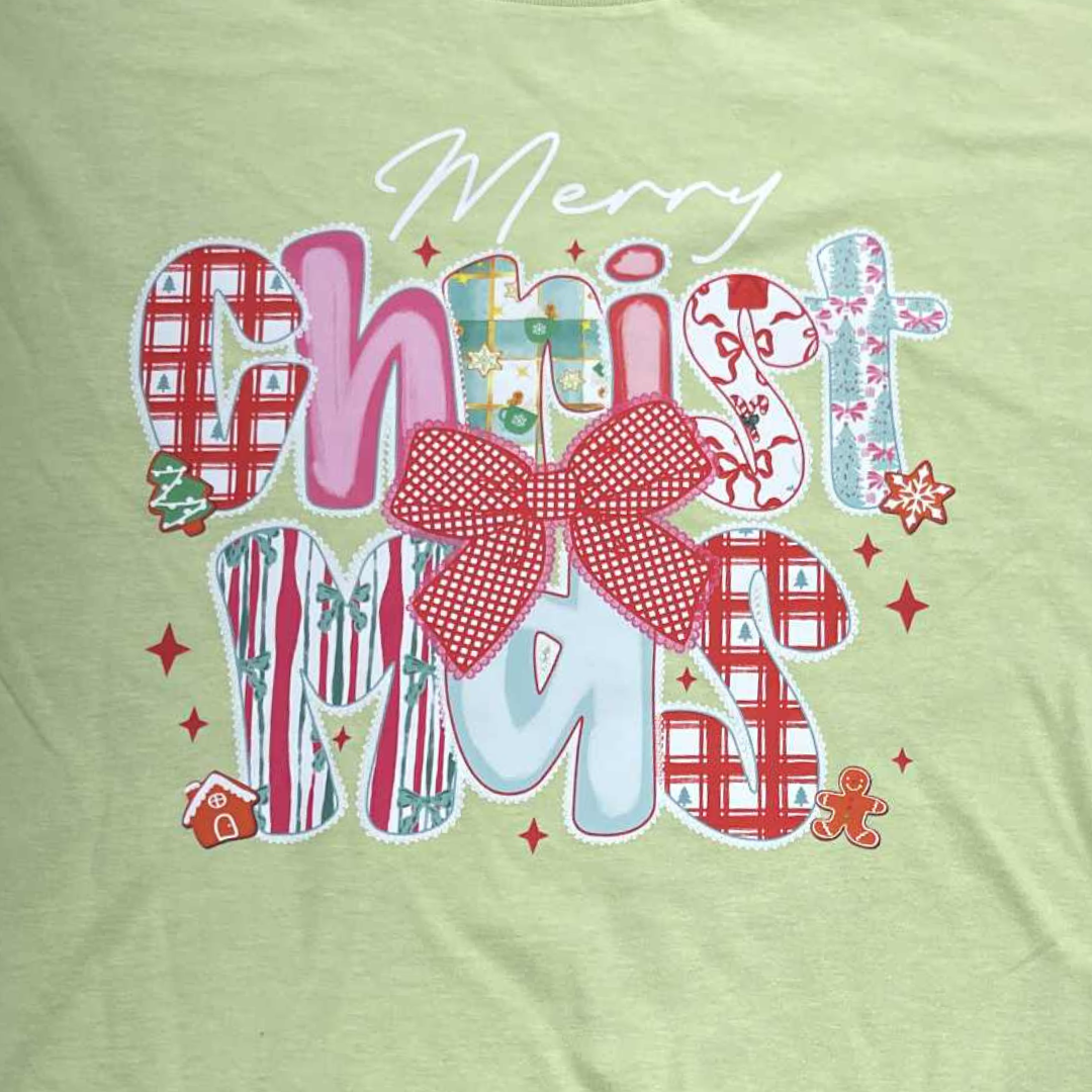 Merry Christmas Bow T-Shirt – Patchwork Christmas Tee – Festive Holiday Graphic Shirt – Cute Red Bow Christmas Outfit