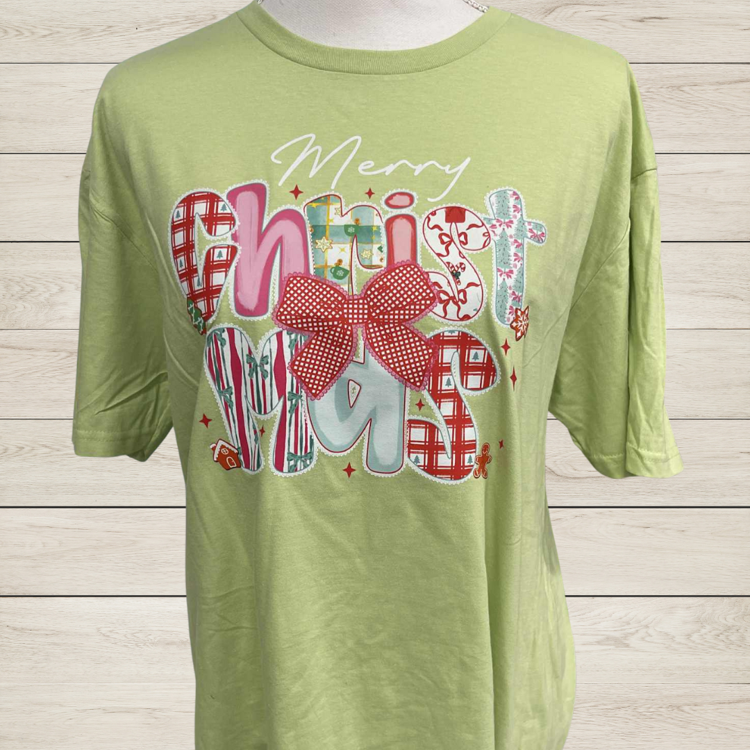 Merry Christmas Bow T-Shirt – Patchwork Christmas Tee – Festive Holiday Graphic Shirt – Cute Red Bow Christmas Outfit