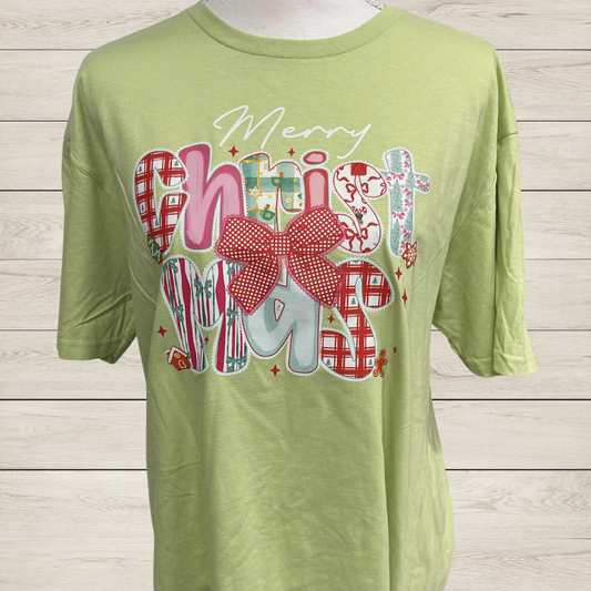 Merry Christmas Bow T-Shirt – Patchwork Christmas Tee – Festive Holiday Graphic Shirt – Cute Red Bow Christmas Outfit