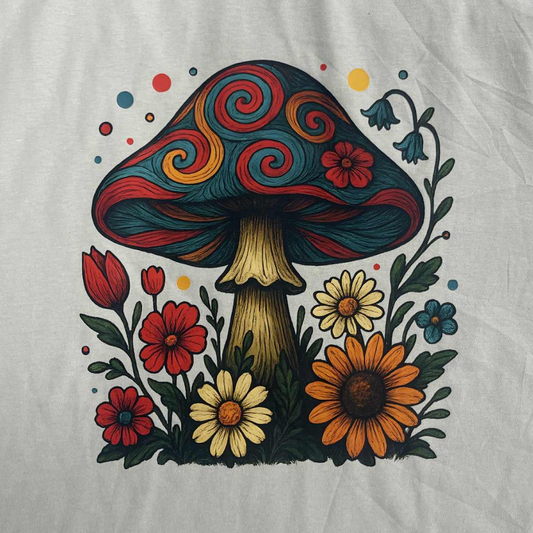 Mushroom T-Shirt – Whimsical Wildflower Graphic Tee, Retro Boho Nature Shirt, Groovy Psychedelic Mushroom Top