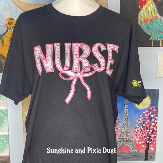 Nurse Pink Bow Black T-Shirt, Heavy Cotton, Unisex Fit