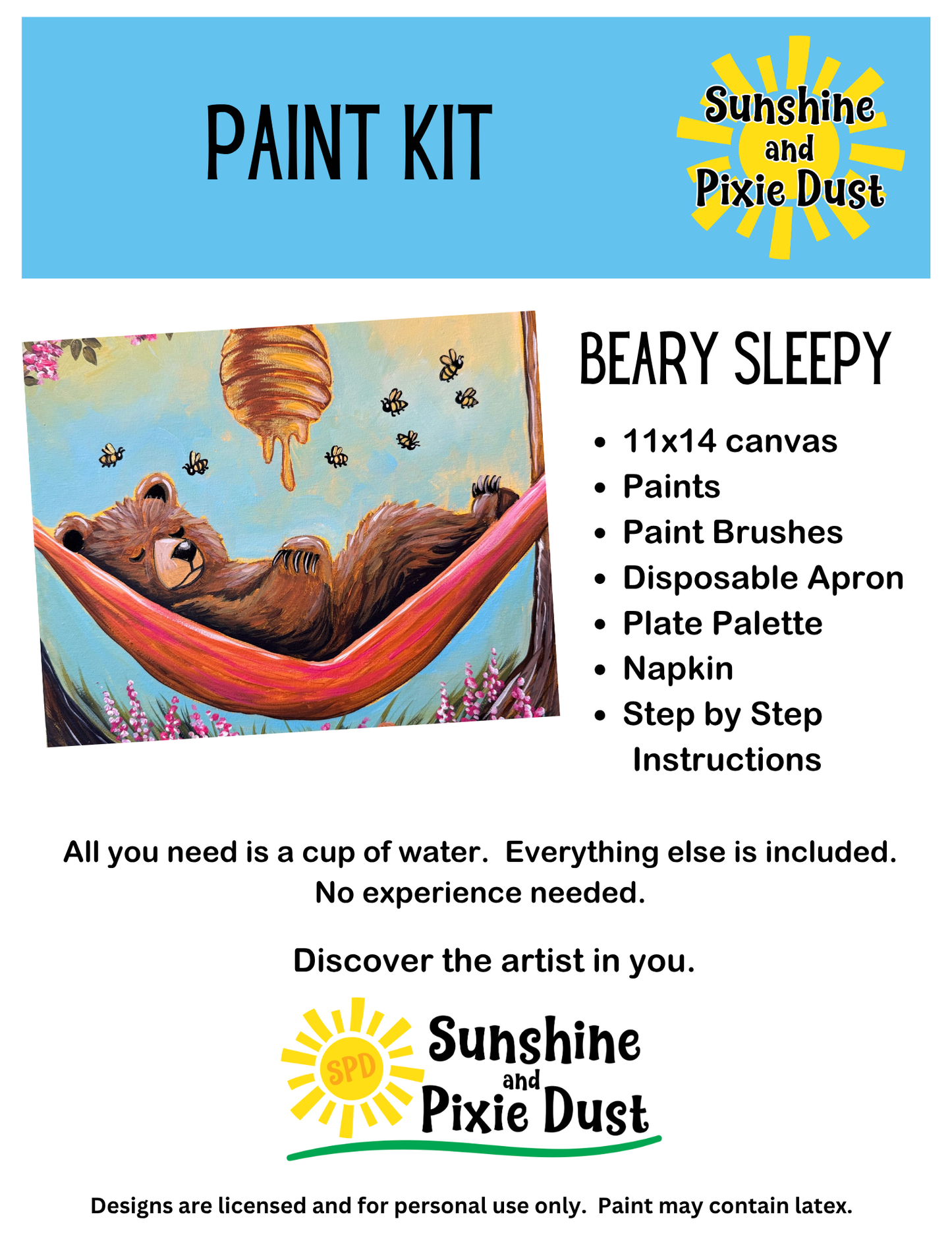 Beary Sleepy Paint Kit – Pre-Drawn Canvas | DIY Paint Kit for All Ages | Easy At-Home Activity | Art Gift