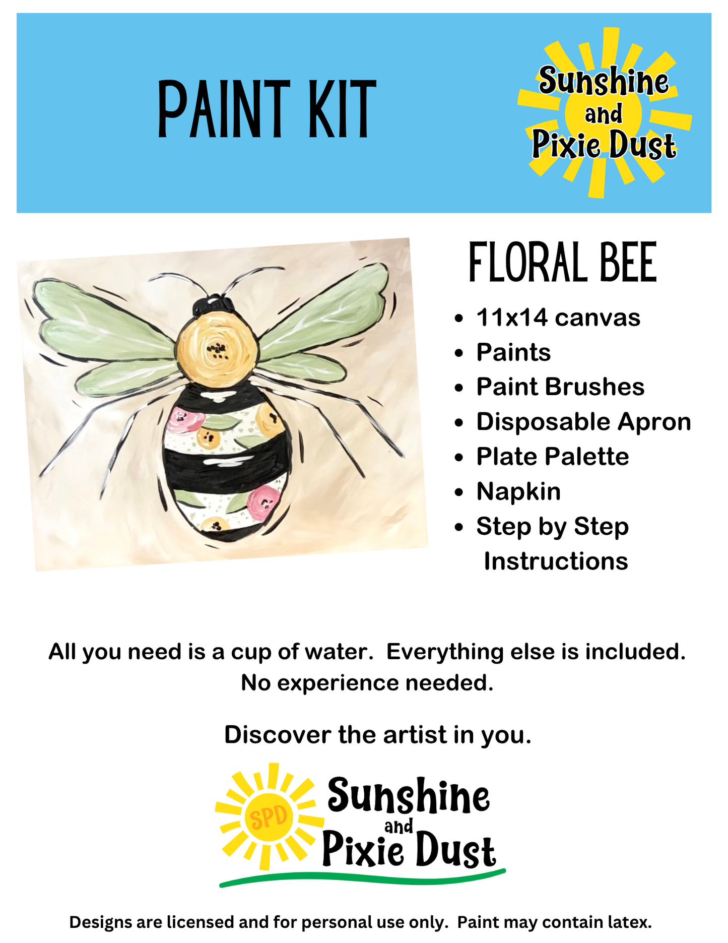 Floral Bee Paint Kit – Pre-Drawn Canvas | DIY Paint Kit for All Ages | Easy At-Home Activity | Art Gift