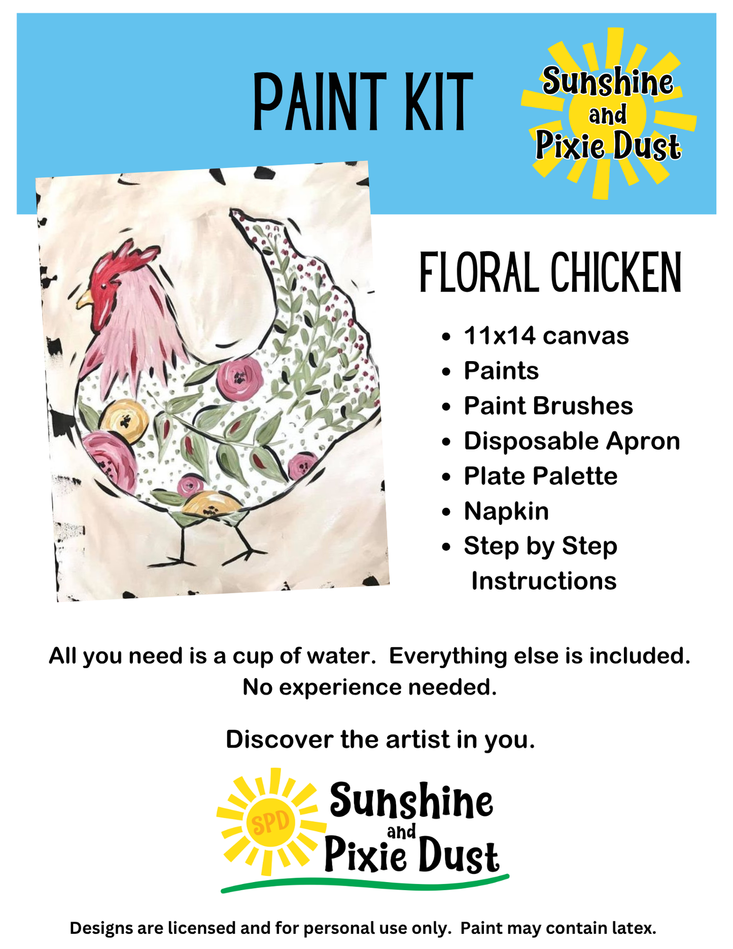 Floral Chicken Paint Kit – Pre-Drawn Canvas | DIY Paint Kit for All Ages | Easy At-Home Activity | Art Gift