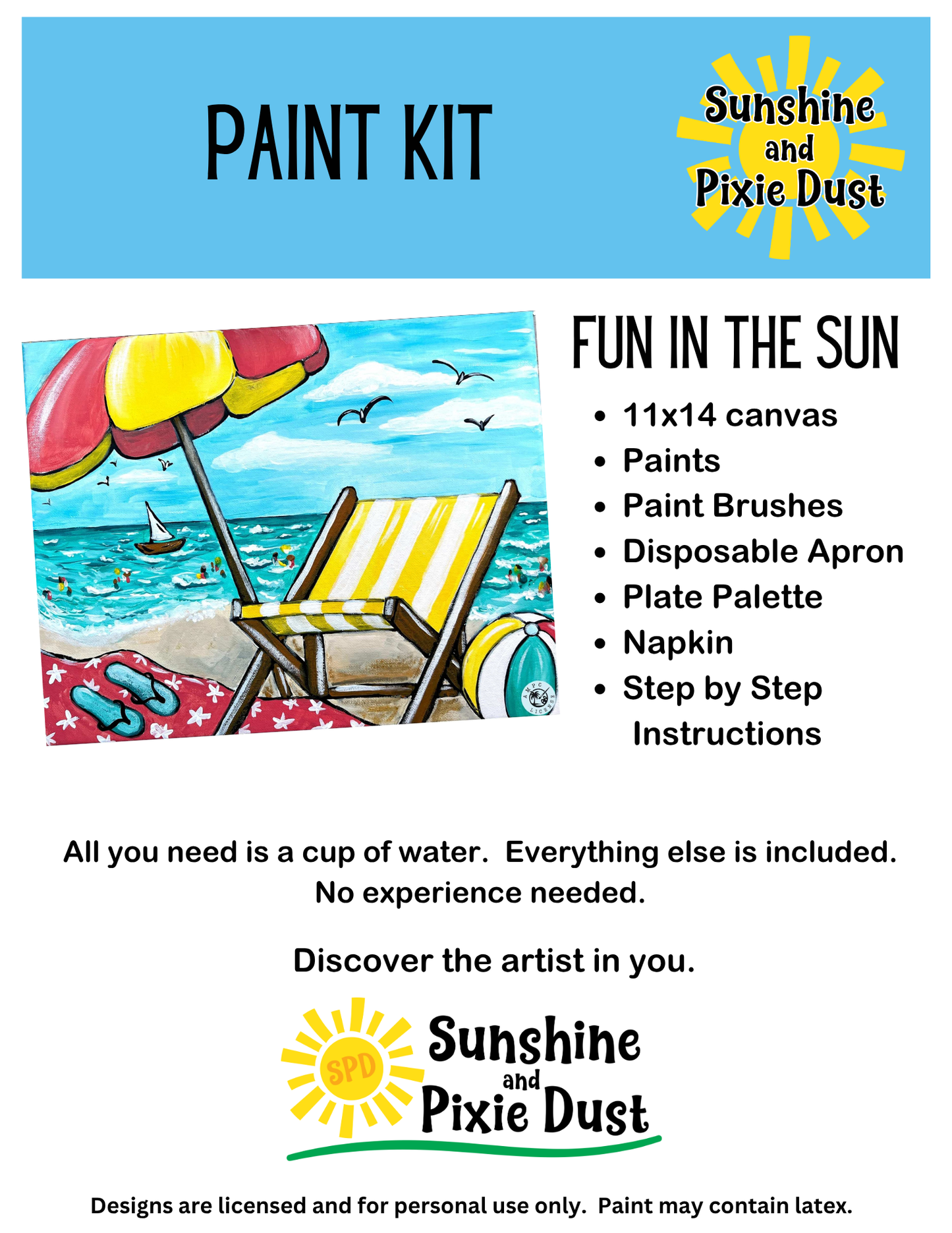 Fun in the Sun Paint Kit – DIY Art Set All Ages, Traced Canvas, Brushes & Instructions, Quality Craft Project Gift