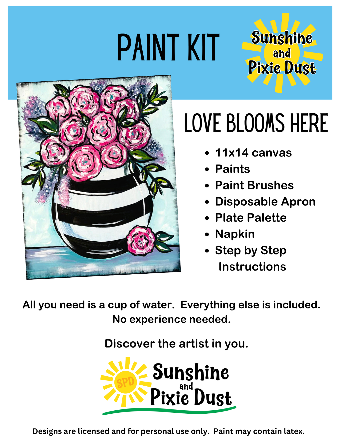 Love Blooms Here Paint Kit – Pre-Drawn Canvas | DIY Paint Kit for All Ages | Easy At-Home Activity | Art Gift