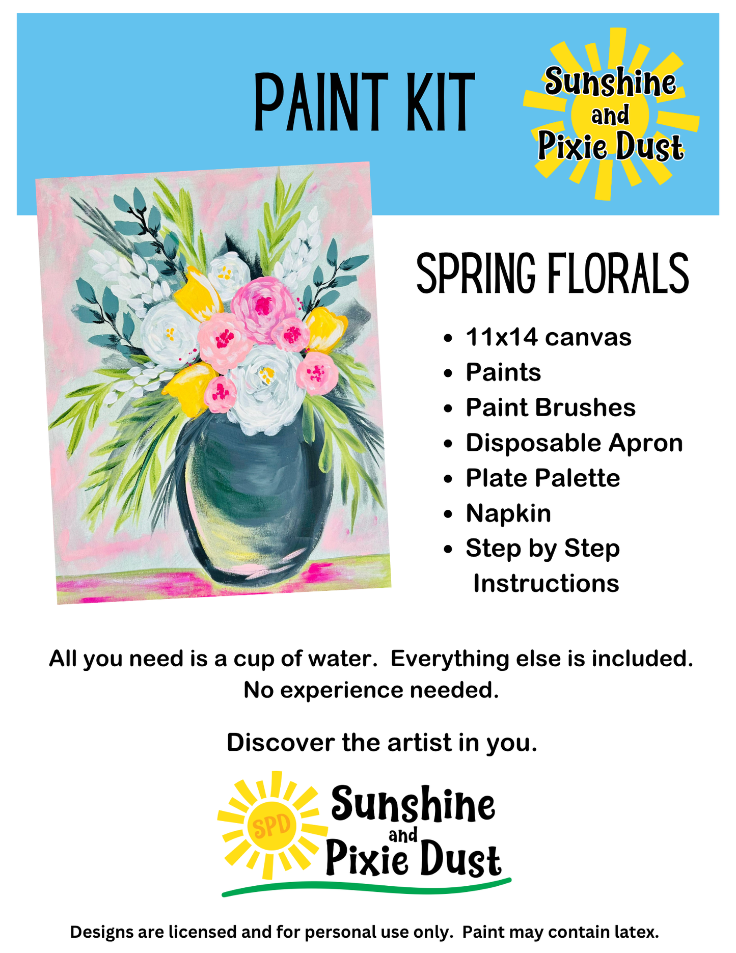Spring Florals Paint Kit – Pre-Drawn Canvas | DIY Paint Kit for All Ages | Easy At-Home Activity | Art Gift