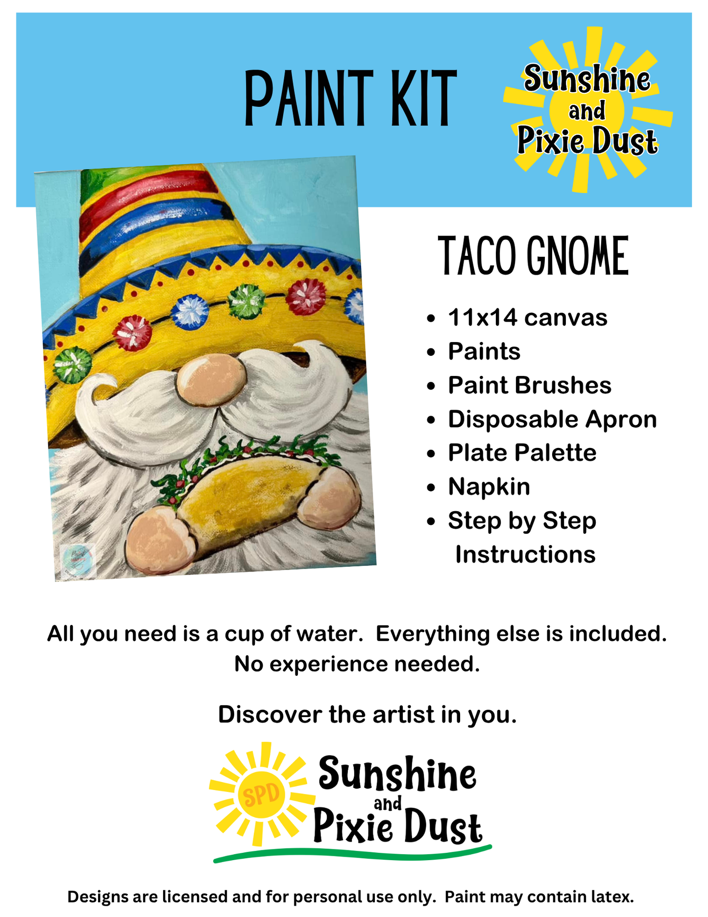 Taco Gnome Paint Kit – Pre-Drawn Canvas | DIY Paint Kit for All Ages | Easy At-Home Activity | Art Gift