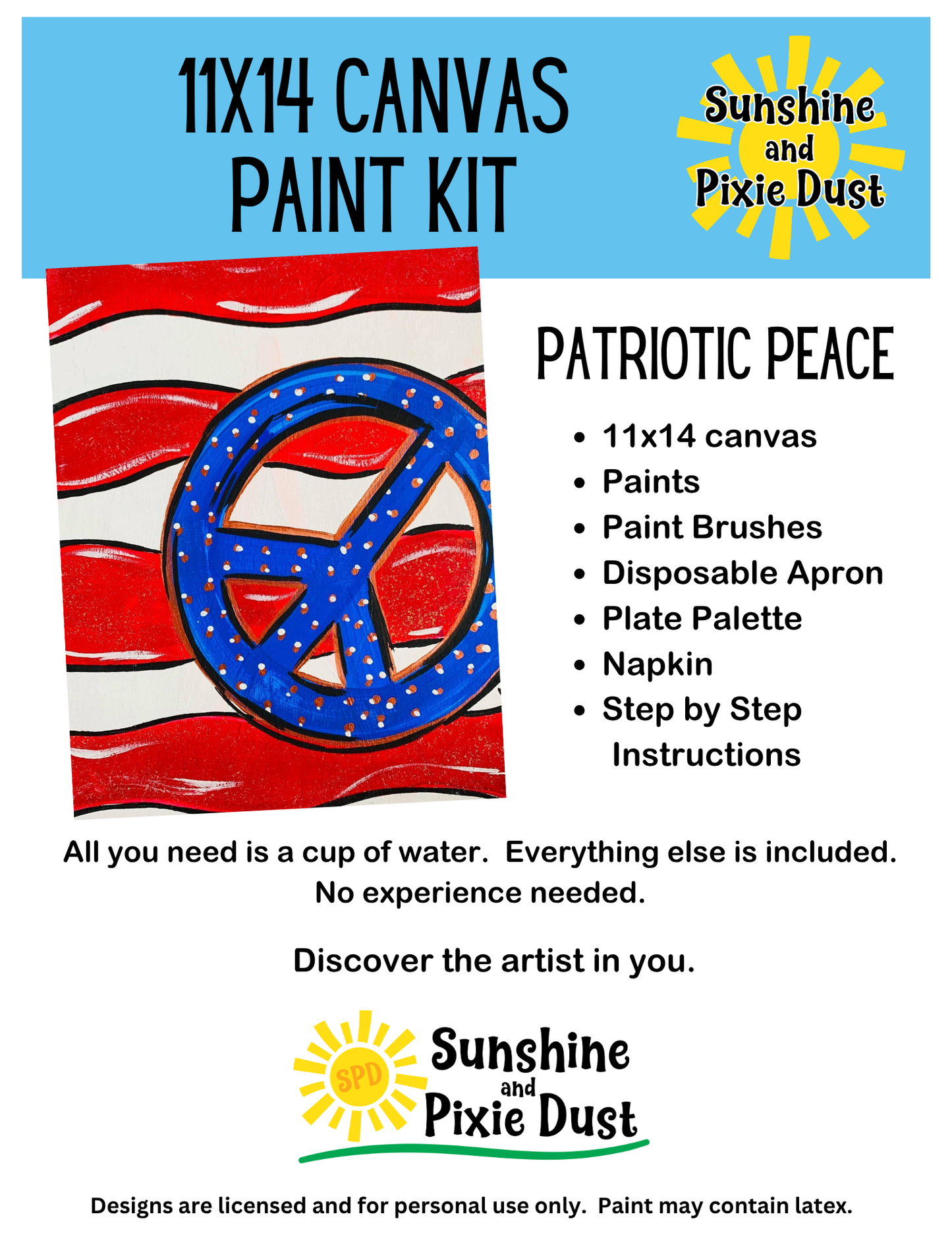 Patriotic Peace 11x14 Canvas Paint Kit – DIY Art Set All Ages, Traced Canvas, Brushes & Instructions, Quality Craft Project Gift