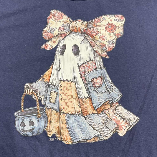 Patchwork Ghost with Floral Bow Halloween Shirt | Vintage Fall Ghost T-Shirt | Cute Patchwork Trick or Treat Tee | Country Fall Graphic Tee