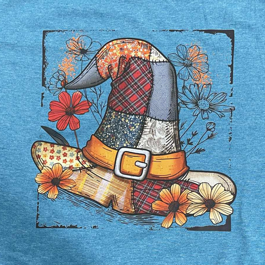 Patchwork Witch Hat Floral Fall Shirt | Whimsical Halloween Tee | Country Witch Hat Graphic Tee | Autumn Floral Patchwork T-Shirt