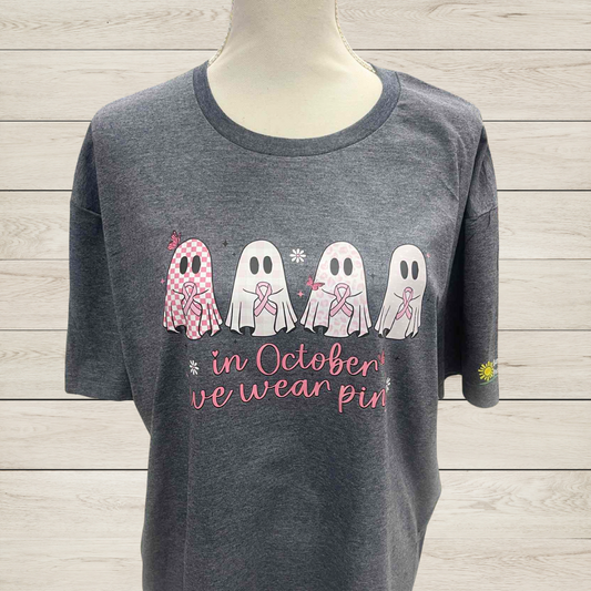 Pink Ghosts Breast Cancer Awareness Shirt – In October We Wear Pink Ghost Tee, Halloween Support Ribbon Shirt