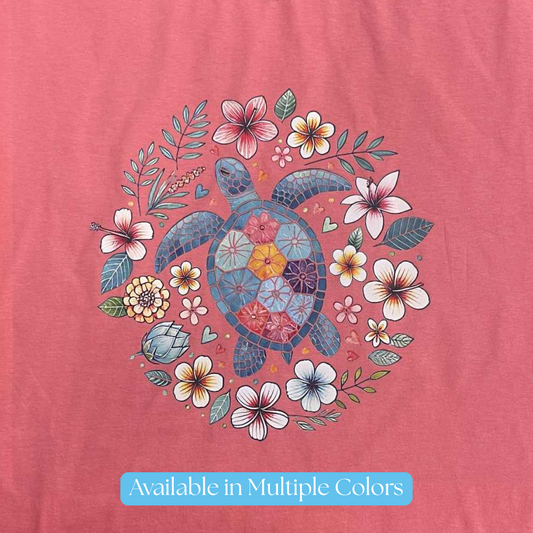 Sea Turtle T-Shirt – Floral Turtle Graphic Tee, Ocean Beach Shirt with Hibiscus & Tropical Flowers, Nature Lover Coastal Gift