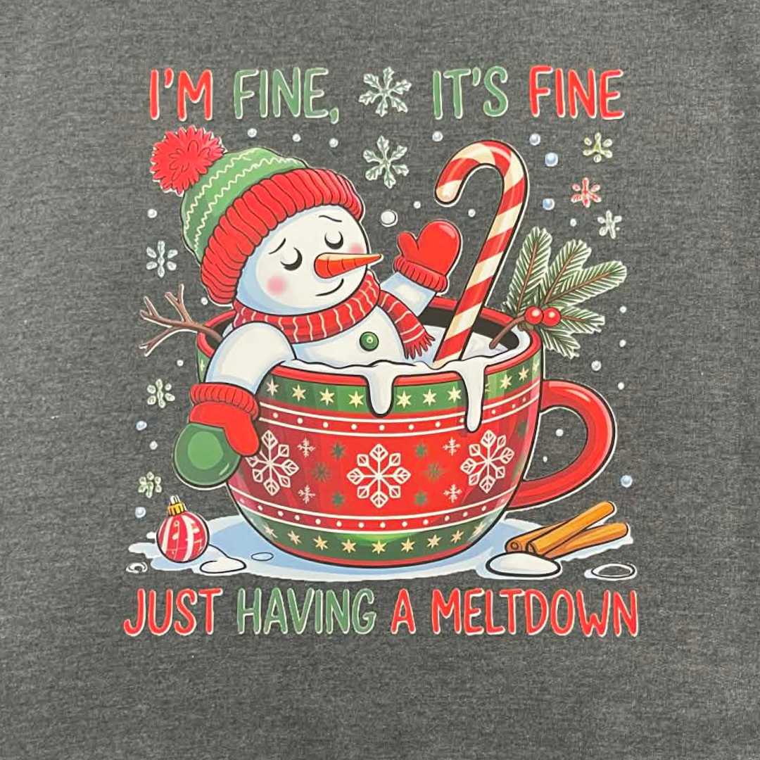 Funny Snowman Hot Cocoa Meltdown Sweatshirt • I’m Fine It’s Fine Holiday Shirt • Cute Christmas Winter Graphic Pullover • Cozy Seasonal Sweatshirt