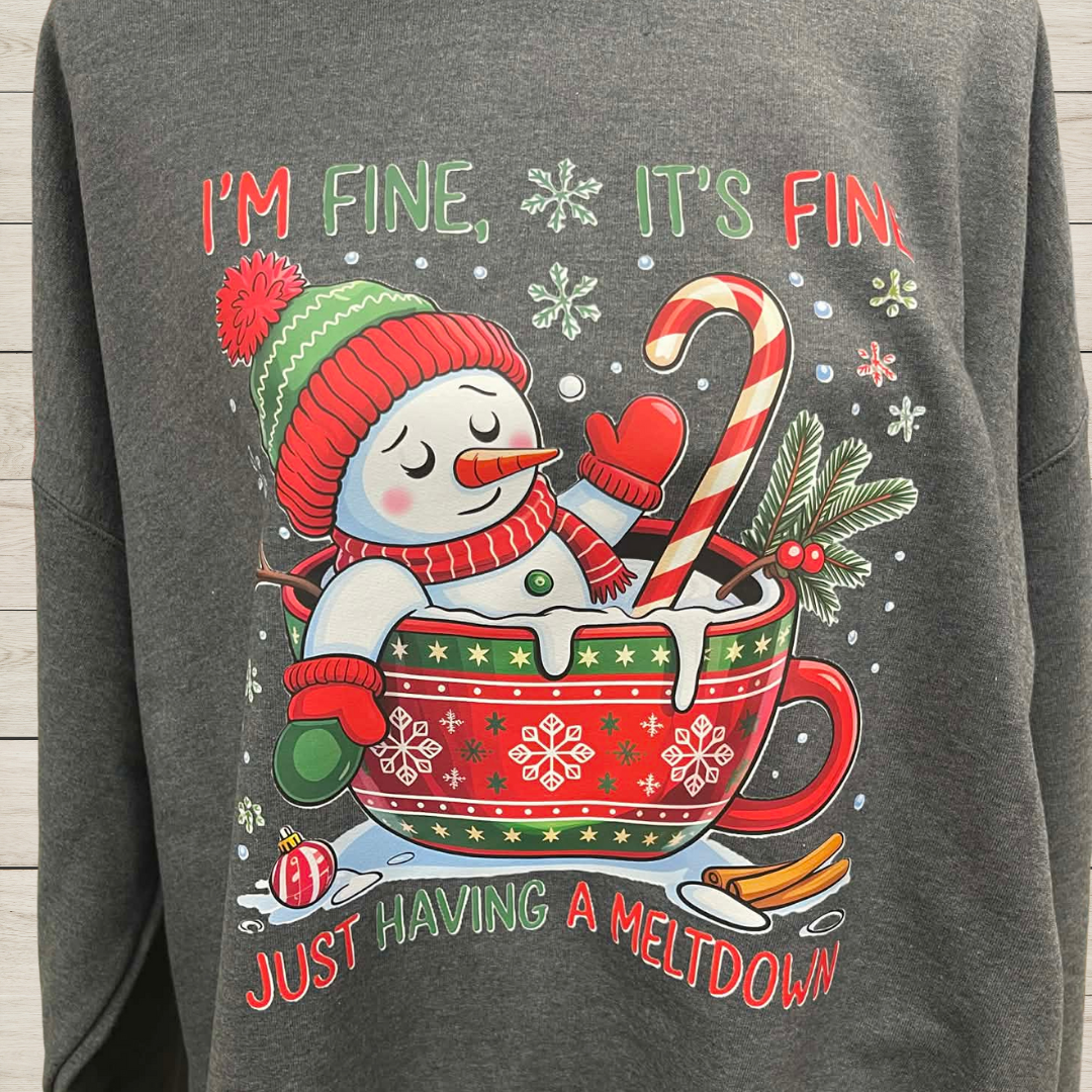 Funny Snowman Hot Cocoa Meltdown Sweatshirt • I’m Fine It’s Fine Holiday Shirt • Cute Christmas Winter Graphic Pullover • Cozy Seasonal Sweatshirt