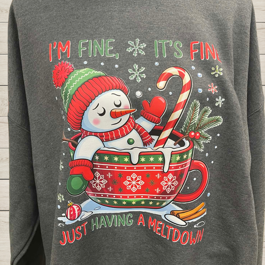Funny Snowman Hot Cocoa Meltdown Sweatshirt • I’m Fine It’s Fine Holiday Shirt • Cute Christmas Winter Graphic Pullover • Cozy Seasonal Sweatshirt