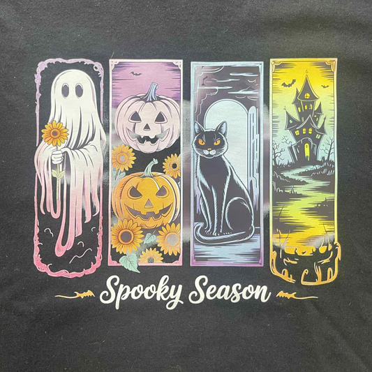 Spooky Season Midnight Magic Edition T-Shirt | Halloween Tee | Sunflowers, Ghost, Black Cat, Haunted House