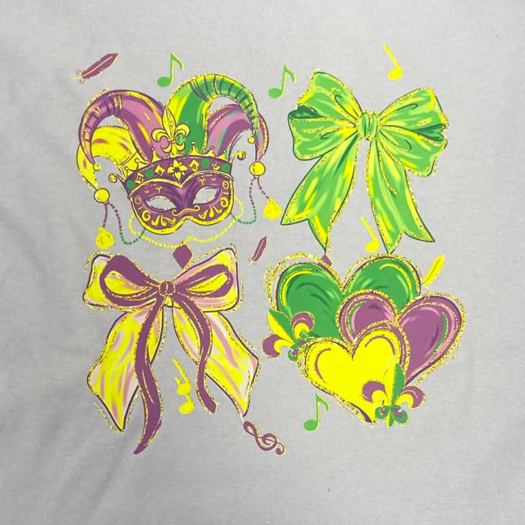 Mardi Gras Mask Shirt – Carnival Bow & Heart Tee, Purple Green Gold Mardi Gras Shirt, Louisiana Festival Celebration Graphic Tee