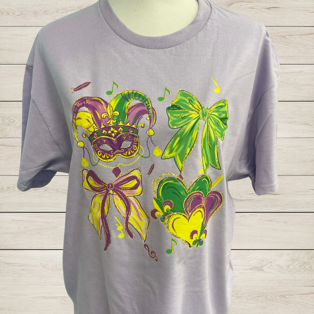 Mardi Gras Mask Shirt – Carnival Bow & Heart Tee, Purple Green Gold Mardi Gras Shirt, Louisiana Festival Celebration Graphic Tee