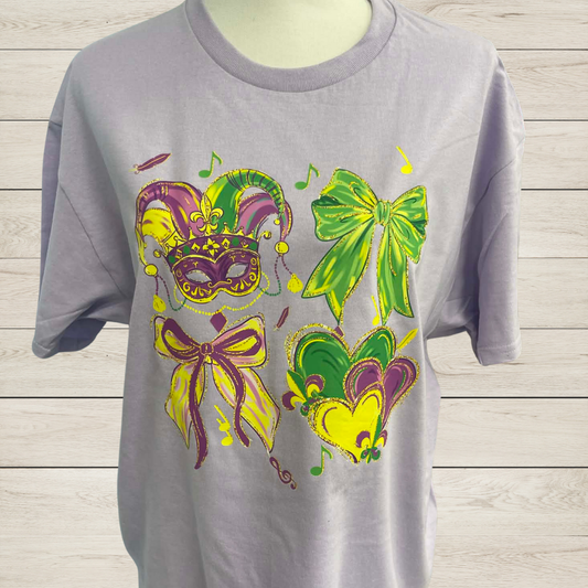 Mardi Gras Mask Shirt – Carnival Bow & Heart Tee, Purple Green Gold Mardi Gras Shirt, Louisiana Festival Celebration Graphic Tee