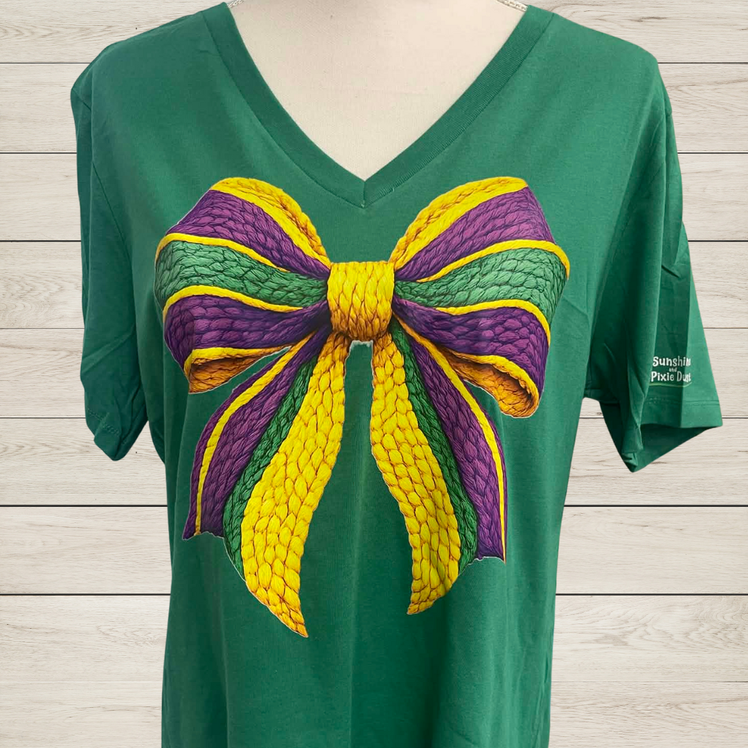 Mardi Gras Yarn Bow Shirt – Purple Green Gold Yarn Bow Tee, Louisiana Carnival Shirt, Mardi Gras Festival Graphic Apparel
