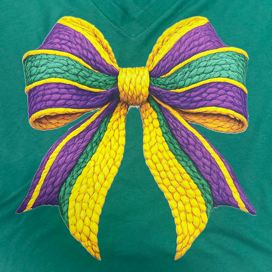 Mardi Gras Yarn Bow Shirt – Purple Green Gold Yarn Bow Tee, Louisiana Carnival Shirt, Mardi Gras Festival Graphic Apparel