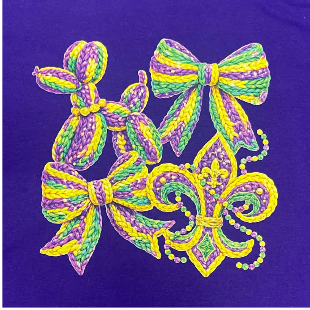 Mardi Gras Fleur de Lis Shirt – Yarn Bow & Bead Dog Carnival Tee, Louisiana Mardi Gras Graphic Shirt, Festival Celebration Apparel