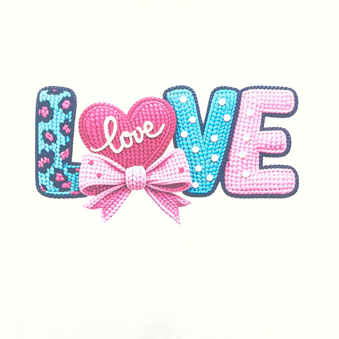Crochet Style LOVE Shirt with Heart and Bow | Handmade Look Valentine Graphic Tee | Feminine Fiber Art Shirt
