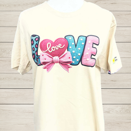 Crochet Style LOVE Shirt with Heart and Bow | Handmade Look Valentine Graphic Tee | Feminine Fiber Art Shirt