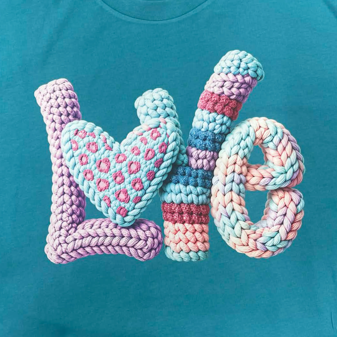 Yarn Crochet LOVE Graphic T-Shirt | Handmade Look Fiber Art Shirt | Valentine Love Tee | Cozy Creative Style Shirt