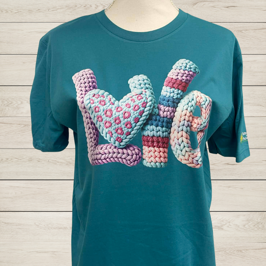 Yarn Crochet LOVE Graphic T-Shirt | Handmade Look Fiber Art Shirt | Valentine Love Tee | Cozy Creative Style Shirt