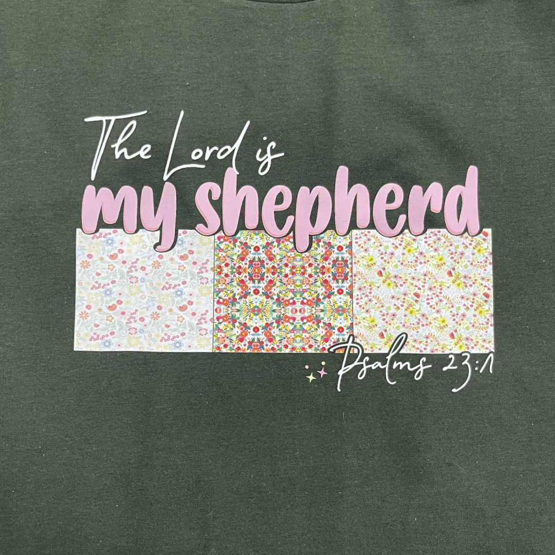 The Lord Is My Shepherd Christian T-Shirt – Floral Patchwork Faith Shirt – Inspirational Bible Verse Tee – Psalms 23 Religious Gift