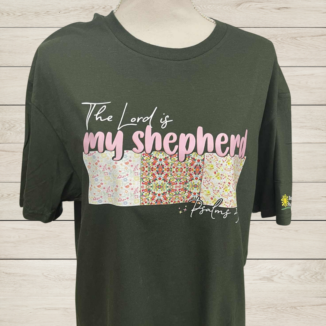 The Lord Is My Shepherd Christian T-Shirt – Floral Patchwork Faith Shirt – Inspirational Bible Verse Tee – Psalms 23 Religious Gift