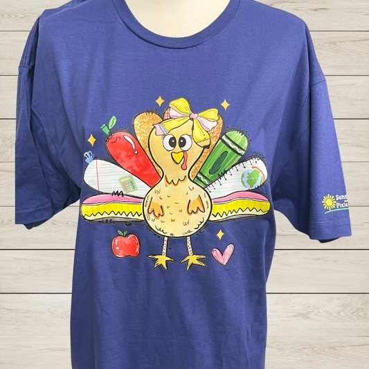 Teacher Turkey T-Shirt, Back to School Thanksgiving Shirt, Cute Turkey Graphic Tee with Classroom Supplies, Fun Teacher Fall Shirt